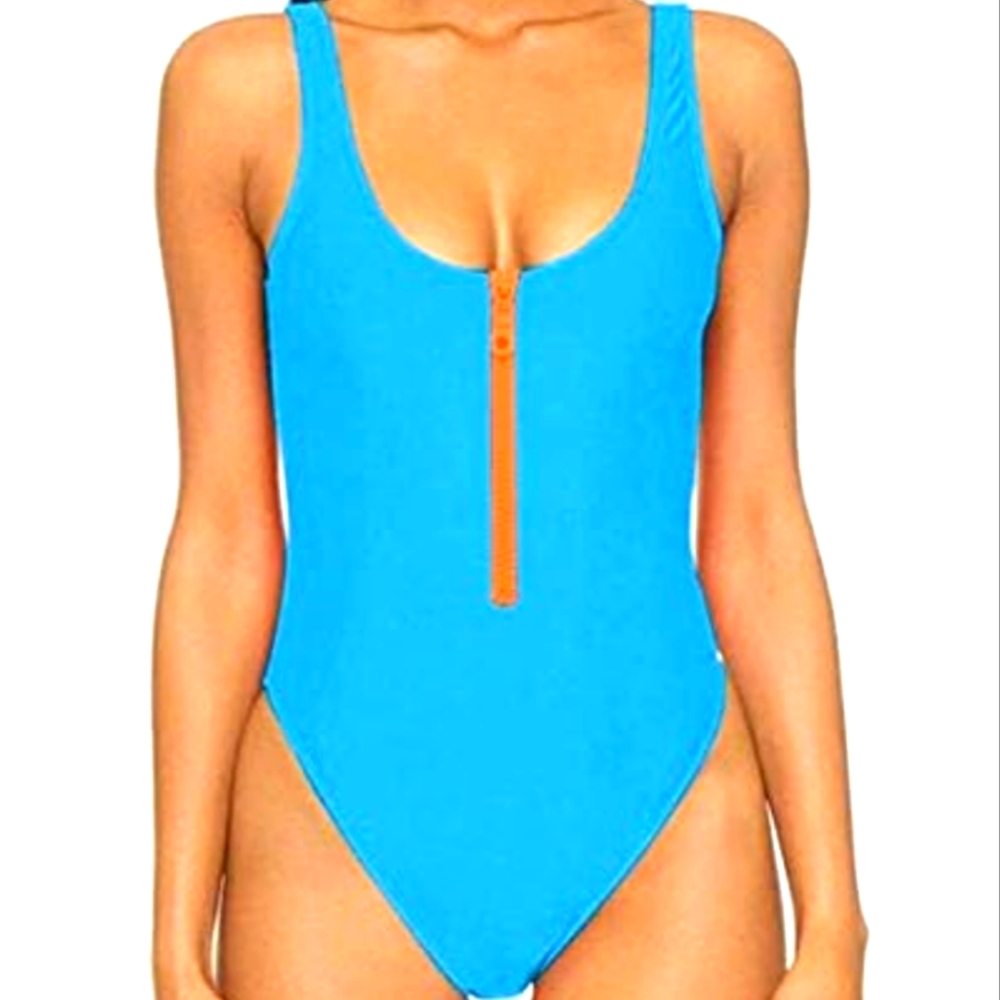 Women Sexy Zipper Front Low Back High Cut One Piece Swimsuit Bathing Suit size S